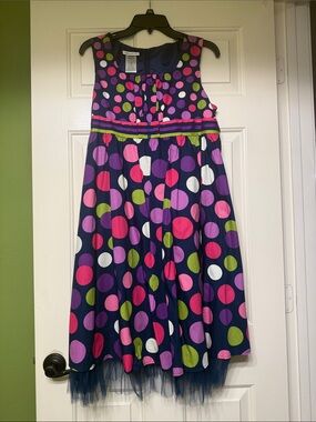 Bonnie Jean Navy Polka Dot Dress with Tulle Trim